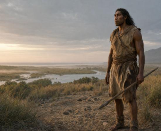 Representation of a tall Denisovan in an open landscape.