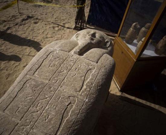 A sarcophagus that was discovered is displayed at the site of an ancient Egyptian cemetery, in Minya province, Egypt, on Feb. 24, 2018. 