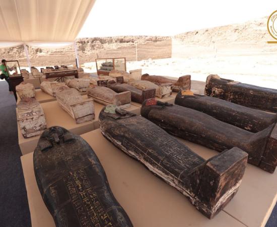 Some of the 250 newly discovered mummy sarcophagi at the outdoor pop-up Djoser exhibition in Saqqara south of Cairo.	Source: Egyptian Ministry of Antiquities
