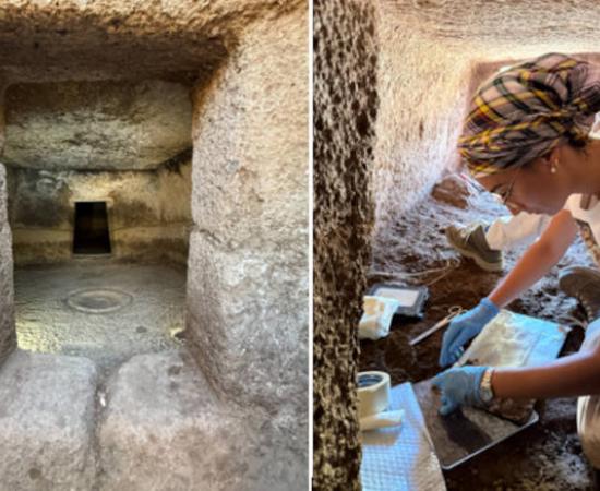Left; Tomb XVIII, with clean cut rock corridor, entrance chamber, and hearth. Right; researcher cataloguing artifacts in situ in a domos.  