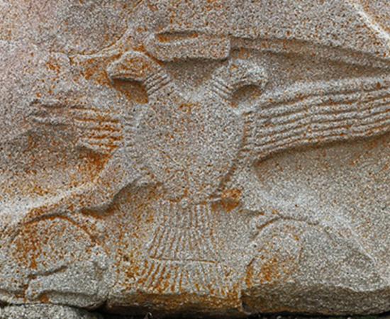 Relief representing a two-headed eagle on the sphinx located at the right of the Sphinx Gate, Alaca Höyük, Turkey.