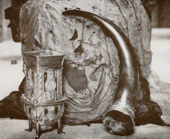 The Dunvegan Cup, Fairy Flag, and Sir Rory Mor's Horn are heirlooms of the MacLeods of Dunvegan. This photo was taken sometime before 1927.