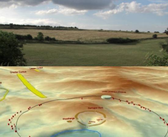 Landscape of the inner circle of Durrington Walls, Below; Image map of the wider landscape of the pits circle and location of Stonehenge.
