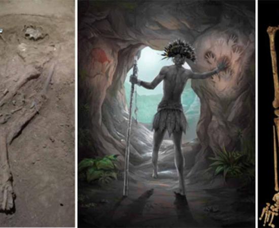 Left: Liang Tebo burial features of the 29000-BC amputee of Borneo, Indonesia: a) A single adult inhumation (TB1); the skull is to the right of the scale bar; Middle: Artist ‘s impression of Tebo1, the oldest amputee on record; Right: Surgically amputated site of the left tibia and fibula showing the evidence of amputation.            Source: Maloney, et al. / Nature; Jose Garcia (Garciartist) and Griffith University / Nature; Maloney, et al. / Nature		