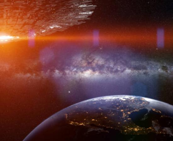 Alien spaceship approaching Earth.