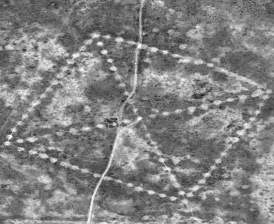 One of the enormous earthwork configurations photographed from space is known as the Ushtogaysky Square, named after the nearest village in Kazakhstan. Credit: Digitalglobe, via NASA
