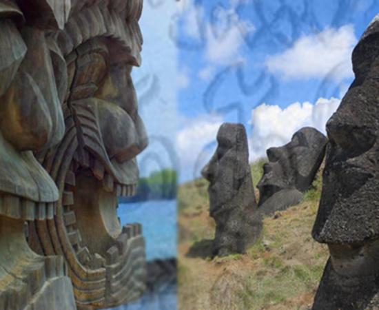 Deriv; Hawaiian Tiki carvings and Easter Island statues with Rongorongo script 