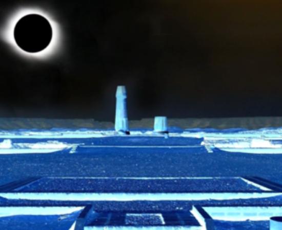 Main: Temple of Aton in Amarna (CC by SA 3.0). Inset eclipse (public domain)