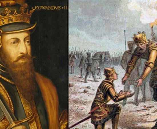 On Left – Portrait of Edward III of England. On Right – Edward III of England proudly receives his son, Edward the Black Prince, for the successful conduct of the Battle of Crécy.