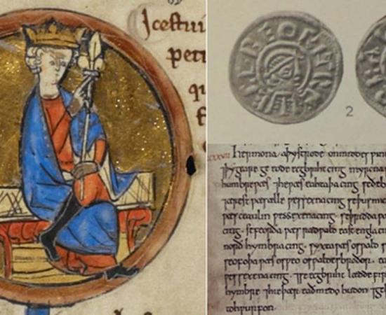 On Left - Miniature of Egbert, first king of England. On Right Top - Coin of King Egbert of Wessex. On Right Bottom - The entry for 827 in the C manuscript of the Anglo-Saxon Chronicle listing the territories he brought together to unite England.  Source: Left, Public Domain; Right Top, Public Domain; Right Bottom, Public Domain.