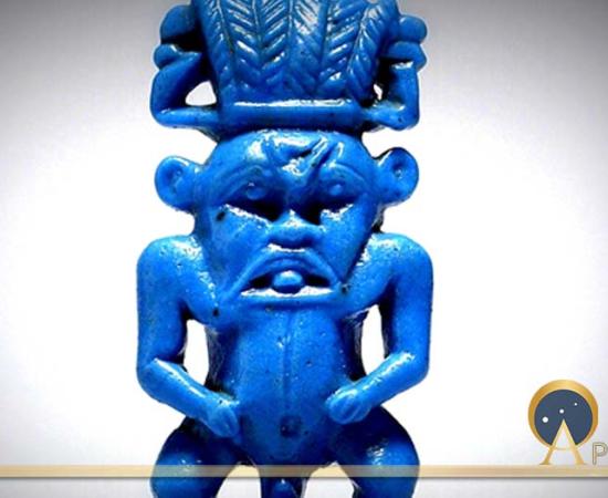 This dwarf-like, protective deity was very popular in ancient Egypt. Bes is represented with the nude body of a dwarf, grotesque facial features, and the ears and mane of a lion. He wears a tall feather-crown and usually rests his hands on his hips. Known from as early as the Middle Kingdom circa 2000 BC.