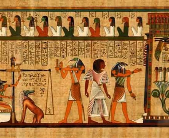 An Egyptian Book of the Dead manuscript papyrus. Recently two pieces of a death shroud worn by an ancient Egyptian, which had been torn into fragments, were "reunited." One fragment was from the Getty Museum collection in California and the other fragment was in the collection of the Teece Museum of Classical Antiquities in New Zealand. 