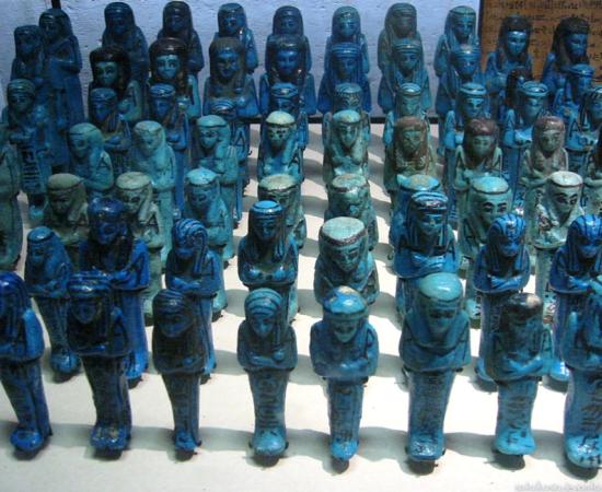 Egyptian blue shabti figures on display in the Egyptian exhibit at the Louvre in France in 2006. 