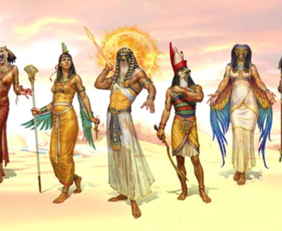 Egyptian gods and goddess. From left to right, Sekhmet, Isis, Ra, Horus, Wadjet, and Set. Source: Hotaru Ito / Public Domain.