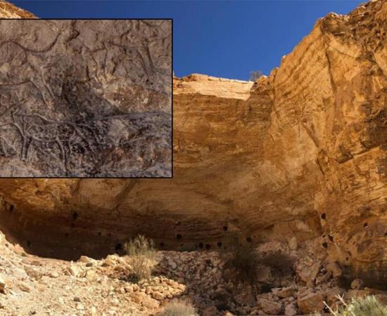 The cave where the rock art was discovered. Inset: One of the sections of rock carvings. Photos courtesy of Ministry of Antiquities