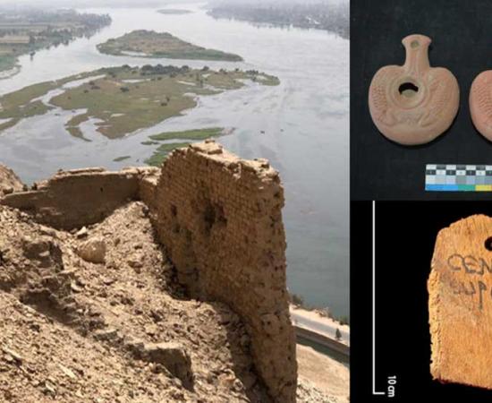 : Left; This sturdy mudbrick tower house overlooking the Nile River, found along with the 85 new Egyptian tombs. Right; Funerary permits for the graves found at the site.		Source: Ministry of Tourism and Antiquities