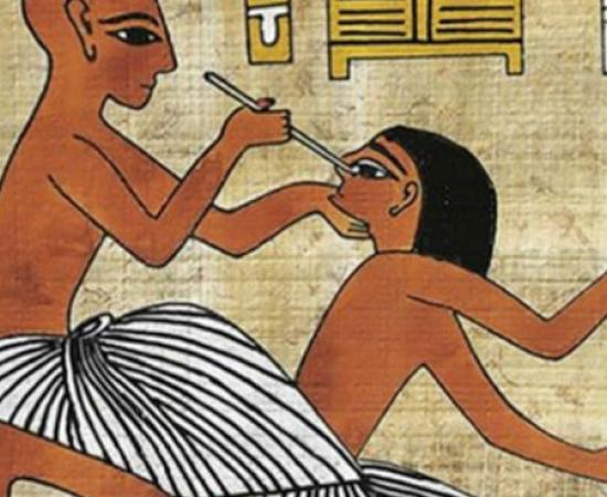 Egyptian fresco showing a doctor performing eye surgery