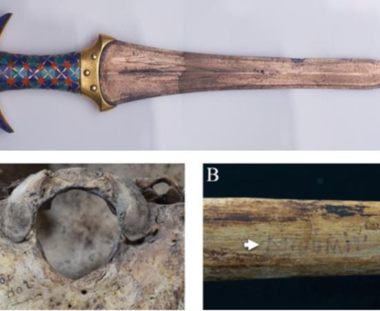 Top; The dagger buried with Princess Ita. Photograph by Sameh Abdel Mohsen, Egyptian Museum photographer.  Bottom; Original nineteenth century handwritten identifications preserved on bones of ancient Egyptian princesses