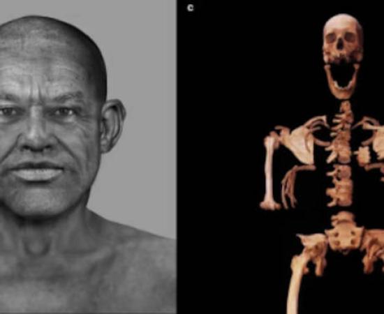 Left, Final facial depiction of the Nuwayrat individual. Right; The Nuwayrat individual’s partially complete skeleton