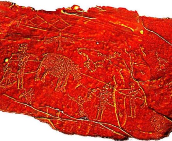 Rock art showing ruler's hippopotamus hunt combined with motif of defeating enemies showing royal dominance.