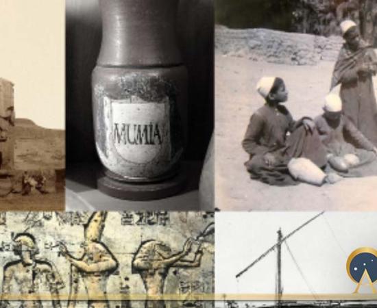 The Colossi of Memnon on the Theban West Bank. Antonio Beato. Brooklyn Museum. (Public Domain); An 18th century apothecary vessel with the inscription MUMIA. Deutsches Apothekenmuseum Heidelberg (Public Domain); Amy, Flinders Petrie's sister-in-law, buying antiquities at Abydos, circa 1899. © The Petrie Museum of Egyptian Archaeology, UCL, London. (Osama Shukir Muhammed Amin / CC BY-SA 4.0); One of the dahabeahs of Thomas Cook & Son, (Egypt) Ltd. Brooklyn Museum Libraries. Wilbour Library of Egyptology. (Ju