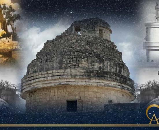 Caracol Collage, created by the author:  The Observatory in 2023; photo by author, Starry sky background compliments of Felix Mittermeier, Pixabay, To the upper left is the lithograph of El Caracol by Frederick Catherwood, 1844, To the upper right is the recreation of El Caracol at Chichén Itzá by artist J.S. Bolles, 1935, Flanking the Caracol are two heads of K’uk’ulkan, photos from Ruppert, Karl, The Caracol at Chichen Izta (sic) Yucatan, Mexico, Carnegie Institution of Washington, 1935.