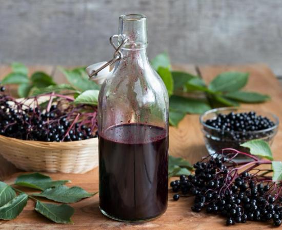Elderberry remedy as a syrup with fresh elderberries in the background.         Source: Madeleine Steinbach / Adobe stock
