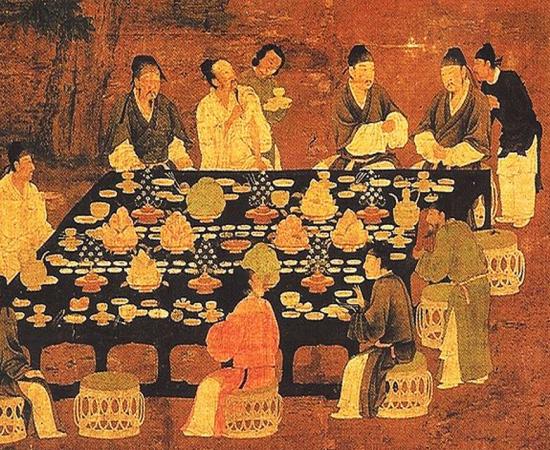 An Elegant Party (detail), painting of a small Chinese banquet hosted by the emperor for scholar-officials from the Song Dynasty (960-1279). 