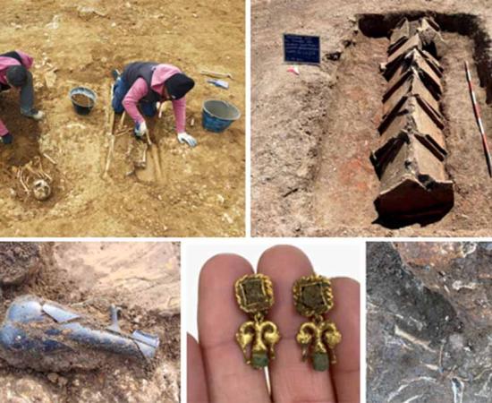 Composite of excavations, burials and artifacts from the Roman necropolis recently uncovered near Rome. Source: Soprintendenza Archeologia Belle Arti Paesaggio Etruria Meridionale