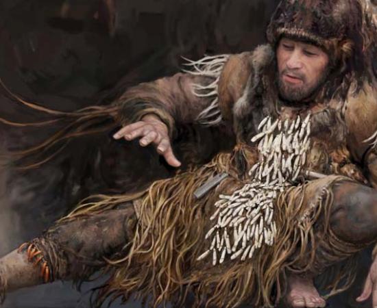 Adult male from grave 76a in Yuzhniy Oleniy Ostrov drawn as if he were alive during a dance session with 140 elk teeth on his chest, waist, pelvis, and thighs rattling rhythmically and loudly.  