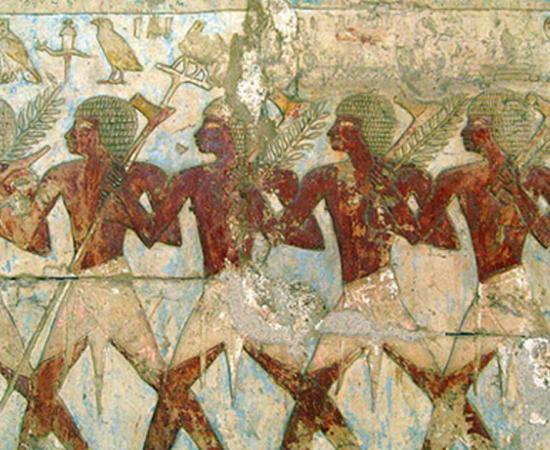 Members of Hatshepsut's trading expedition to the mysterious 'Land of Punt' from this pharaoh's elegant mortuary temple at Deir El-Bahri.