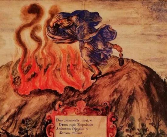 Medieval depiction of Empedocles of Acragas throwing himself into Mount Etna. Source: Public domain
