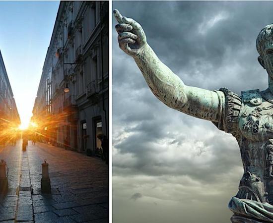 Left:  A team of scientists have found an alignment that occurs between the rising Sun and a major street in Turin that was constructed around 28 BC. (Guido Cossard) Right: Statue of Emperor Octavian in Rome. (fabiomax / Adobe stock)