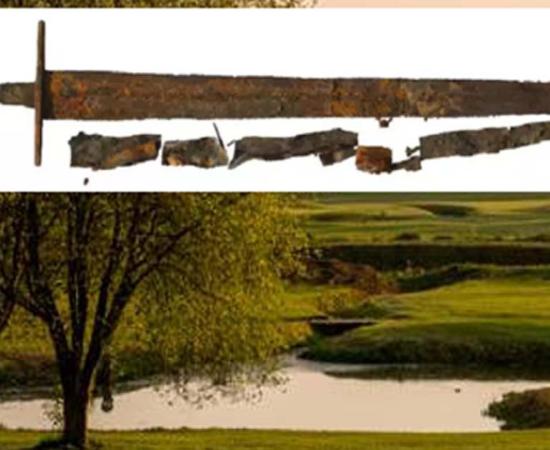 Main: The Fornham All Saints golf course. Inset: The newly-discovered Medieval sword.