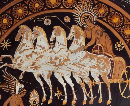 Eos on her chariot portrayed on black and red pottery.