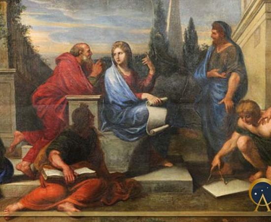 Aspasia surrounded by Greek philosophers, by Michel Corneille the Younger  (1670) Versailles (Public Domain)