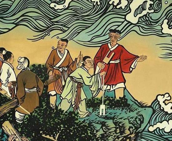 Yu the Great, in red, the founder of the Xia Dynasty that was an extension of the Erlitou culture, fighting the flood waters with his fellow fighters.	Source: The Chairman's Bao
