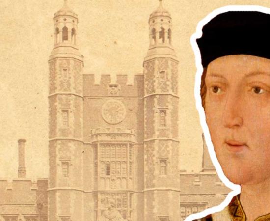 Composite image combining stereoscopic image of Eton College with portrait of King Henry VI. Source: Public domain and Public domain