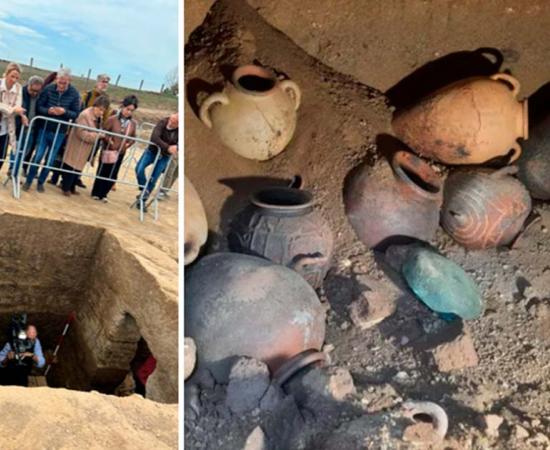 Left; Archaeologists at the opening of the Etruscan tomb dating back to the 7th century BC at the Osteria necropolis in Vulci, Italy.  Right; Artifacts in the tomb. Source: Municipality of Montalto di Castro
