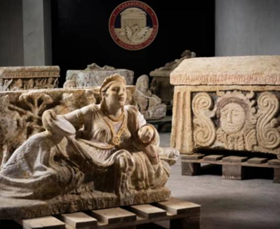 Ornate Etruscan artifacts that were seized by Italian police.