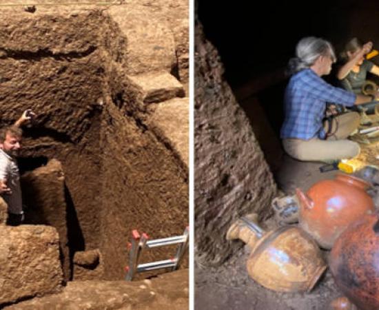 Left, the tomb entrance, Right, Intact Etruscan burial chamber at San Giuliano showing carved stone beds and preserved artifacts. Source: Baylor University