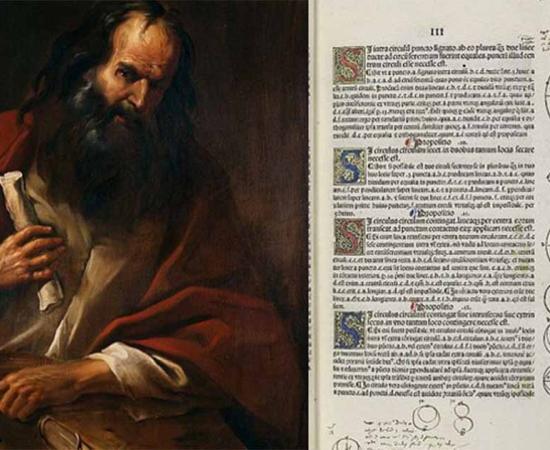 Left, Painting of Euclid. Right, A page first printed edition of Euclid's Elements.           Source: Fondazione Cariplo/CC BY-SA 3.0; Erhard Ratdolt /CC BY-SA 4.0
