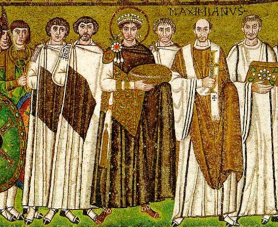 The person to the right of the haloed emperor Justinian is thought to be the eunuch Narses, a powerful Byzantine general
