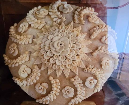 An elaborate loaf of bread in the European Bread Museum, Greece. Photo: Joanna Gillan