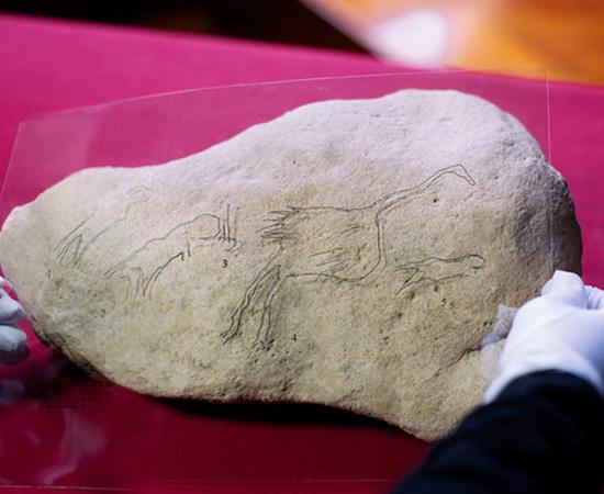  Image of the findings with a tracing of the engraved figures on the piece.