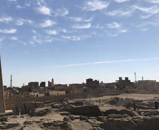 The excavation site at Tell Edfu (with the temple of Horus and the modern town of Edfu in the background).