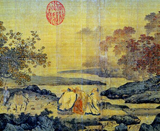 Confucianism, Taoism, and Buddhism are one, a painting in the litang style portraying three men laughing by a river stream, 12th century, Song dynasty. 
