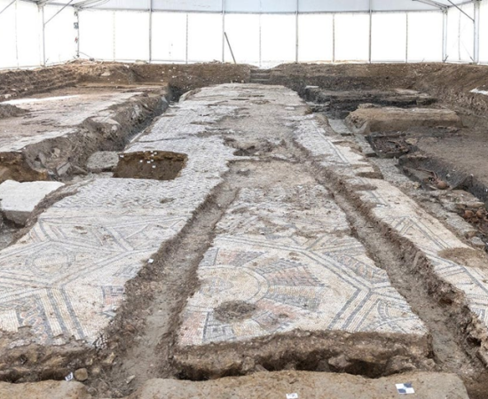 Excavated geometric mosaic floor belonging to a Late Roman