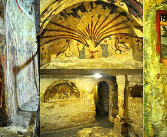 Frescos in the crypt of St. Agatha, including the outstanding inner chapel altar and fresco (center).