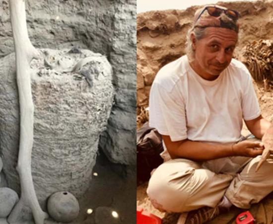  A Pachacamac mummy/ Peter Eeckhout with burial face mask. 